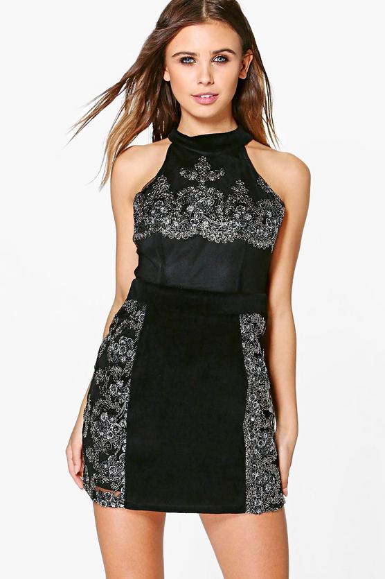 Petite Roxy Velvet Embroidered Bodycon Dress